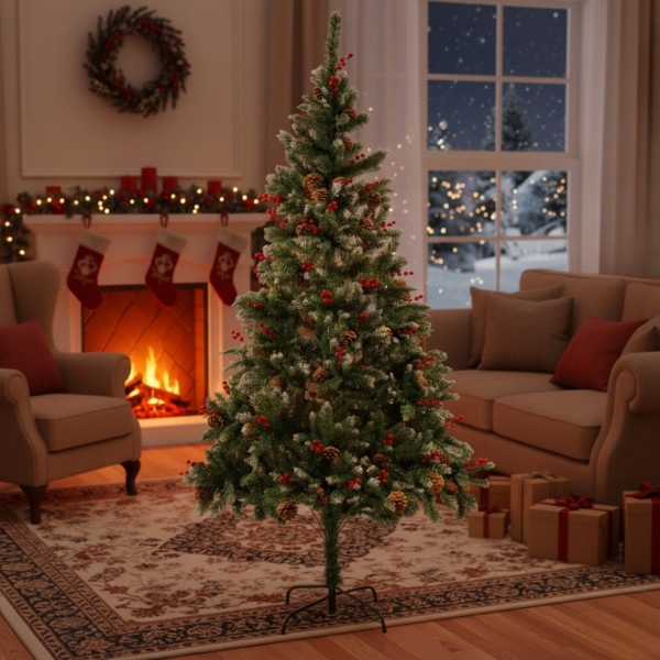 Изкуствена елха Luxury Diamond с червен глог и шишарки SD63