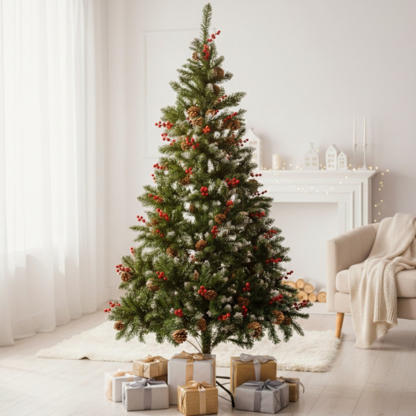 Изкуствена елха Luxury Diamond с червен глог и шишарки SD63 1