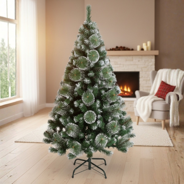 Изкуствена коледна елха с бели връхчета и шишарки ! SD58