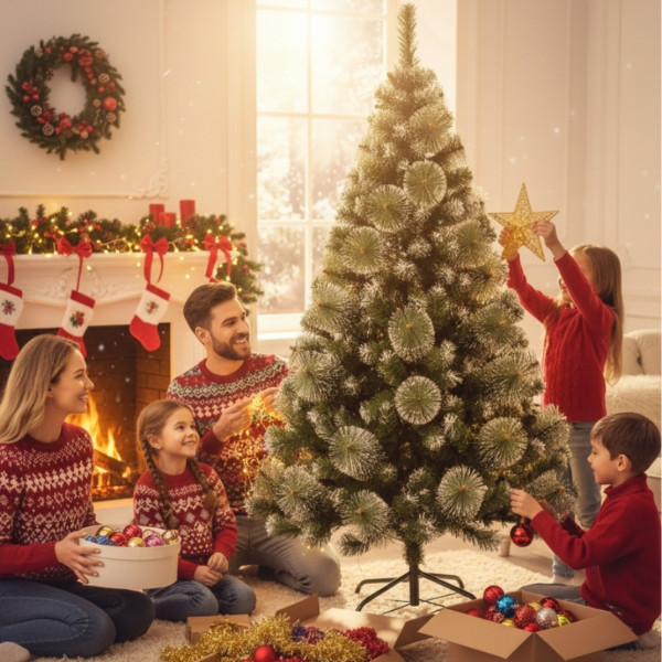 Изкуствена коледна елха с бели връхчета и шишарки ! SD58