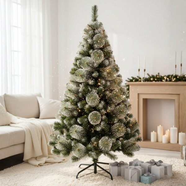 Изкуствена коледна елха с бели връхчета и шишарки ! SD58