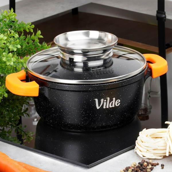 Универсална гранитна тенджера с незалепващо покритие, със стъклен капак и дозатор за течности