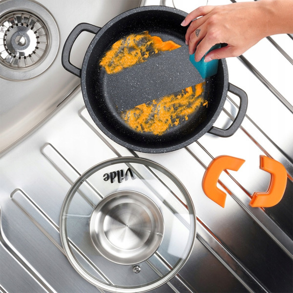 Универсална гранитна тенджера с незалепващо покритие, със стъклен капак и дозатор за течности