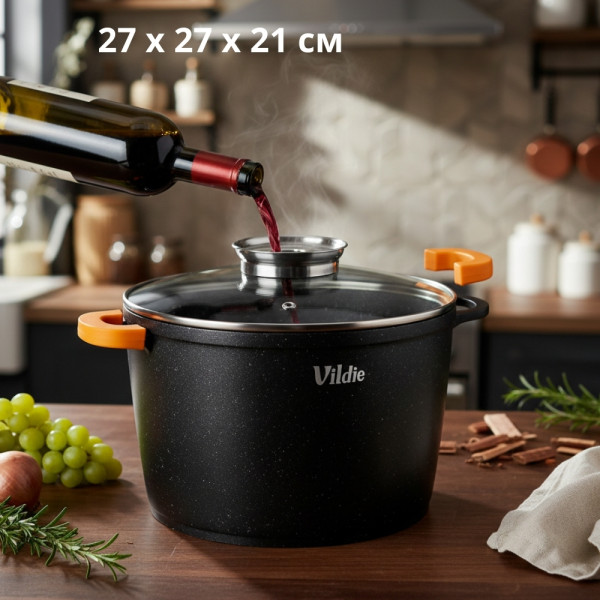 Универсална гранитна тенджера с незалепващо покритие, със стъклен капак и дозатор за течности