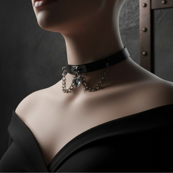 Кожен чокър със синджир и висулка сърце с камък в различни цветове D25 1