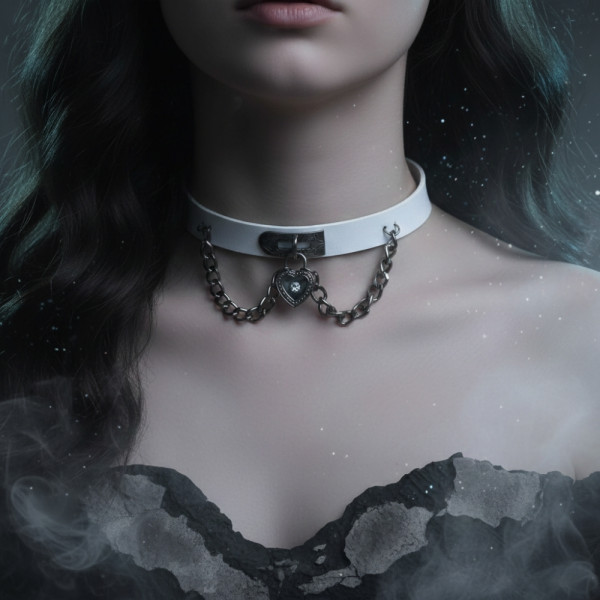 Кожен чокър със синджир и висулка сърце с камък в различни цветове D25 2