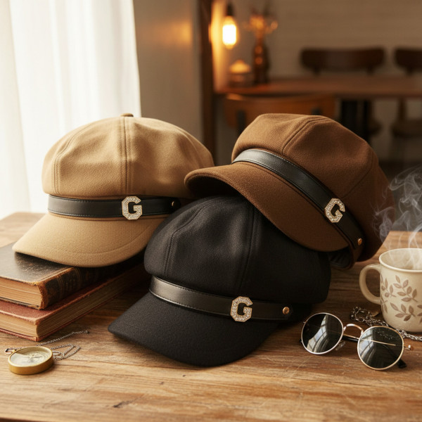 Елегантна дамска шапка тип фуражка с декоративна лента и метално лого 1