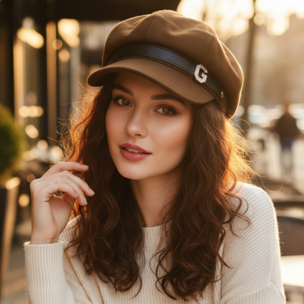 Елегантна дамска шапка тип фуражка с декоративна лента и метално лого 4