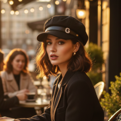 Елегантна дамска шапка тип фуражка с декоративна лента и метално лого