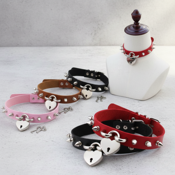 Регулируем кожен чокър с катинар сърце и шипове D53