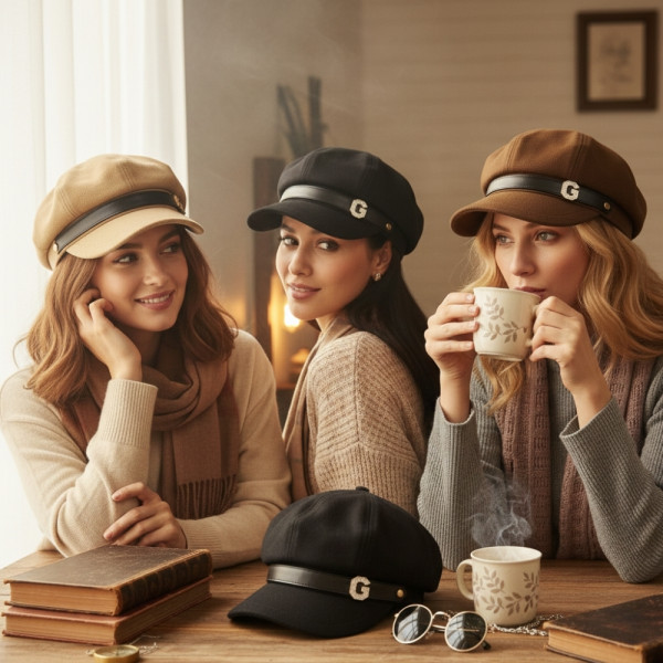 Елегантна дамска шапка тип фуражка с декоративна лента и метално лого