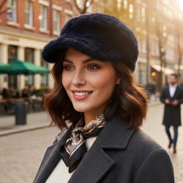 Топла дамска шапка с козирка – зимен пухкав модел 4