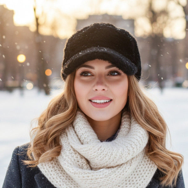 Топла дамска шапка с козирка – зимен пухкав модел 5