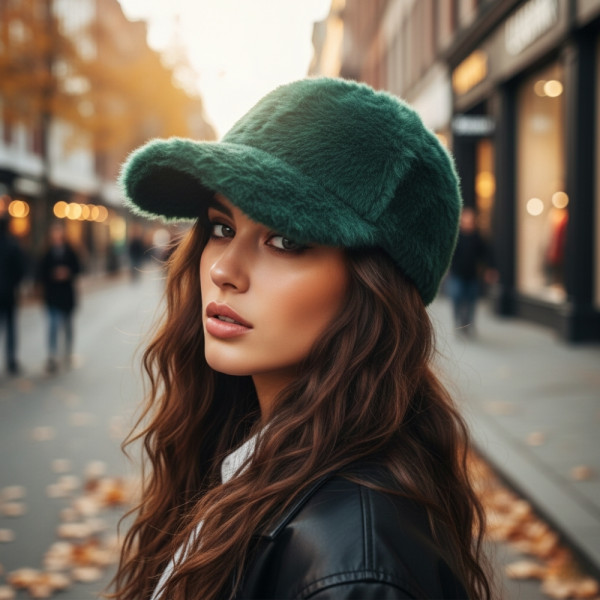 Топла дамска шапка с козирка – зимен пухкав модел
