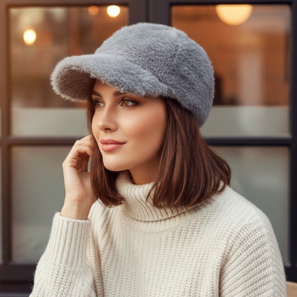Топла дамска шапка с козирка – зимен пухкав модел 7