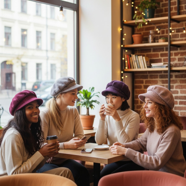 Дамска зимна плетена шапка с козирка и декоративни камъчета 2