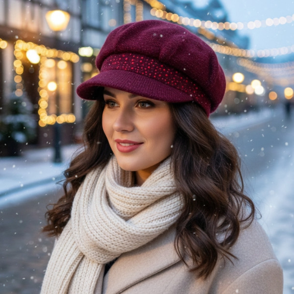 Дамска зимна плетена шапка с козирка и декоративни камъчета 4