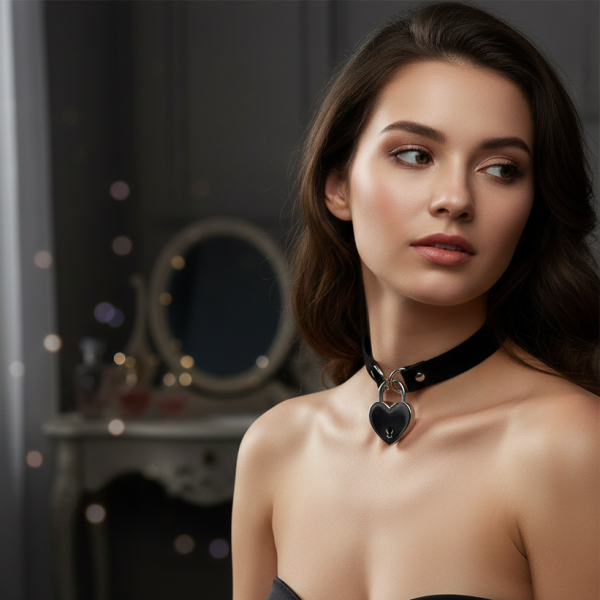 Интересно дамско колие кожен чокър с катинар сърце D26