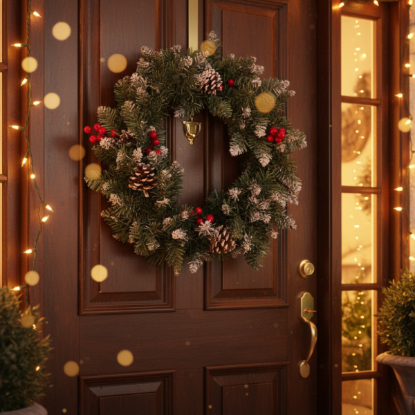 Коледен венец с шишарки и червени плодчета