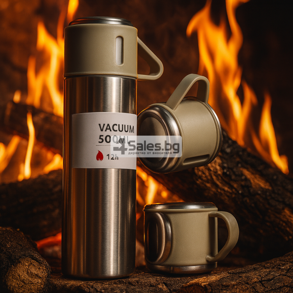 Подаръчен комплект термос с 3 чаши в различни цветове 4