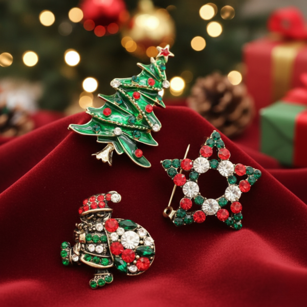 Комплект от три малки коледни брошки с мъниста и камъни - Е04-1 1