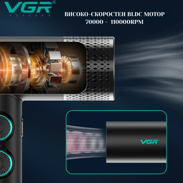 Професионален сешоар VGR с BLDC мотор 110 000 RPM – Йонна технология и дифузер