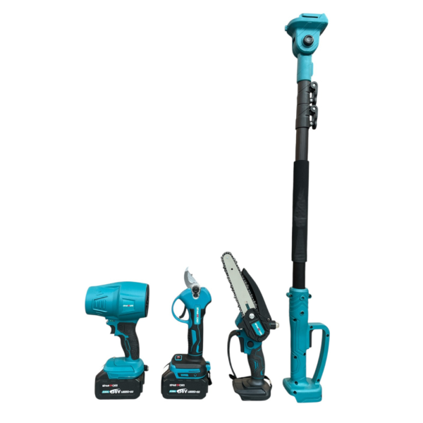 Акумулаторен комплект 4в1 KraftRoyal – Лозарска ножица, мини верижен трион 15 см, духалка и телескопичен прът