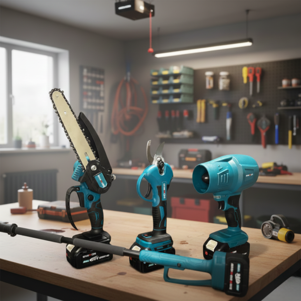 Акумулаторен комплект 4в1 KraftRoyal – Лозарска ножица, мини верижен трион 15 см, духалка и телескопичен прът