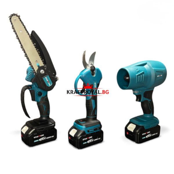 Акумулаторен комплект 4в1 KraftRoyal – Лозарска ножица, мини верижен трион 15 см, духалка и телескопичен прът