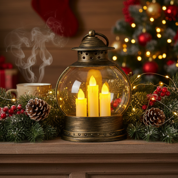 Декоративен коледен фенер с три LED свещи – безопасна и магична светлина