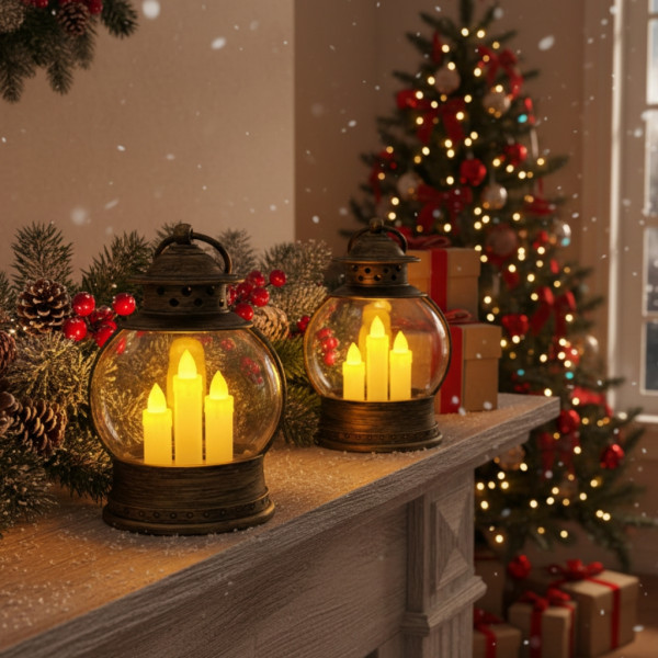 Декоративен коледен фенер с три LED свещи – безопасна и магична светлина 3