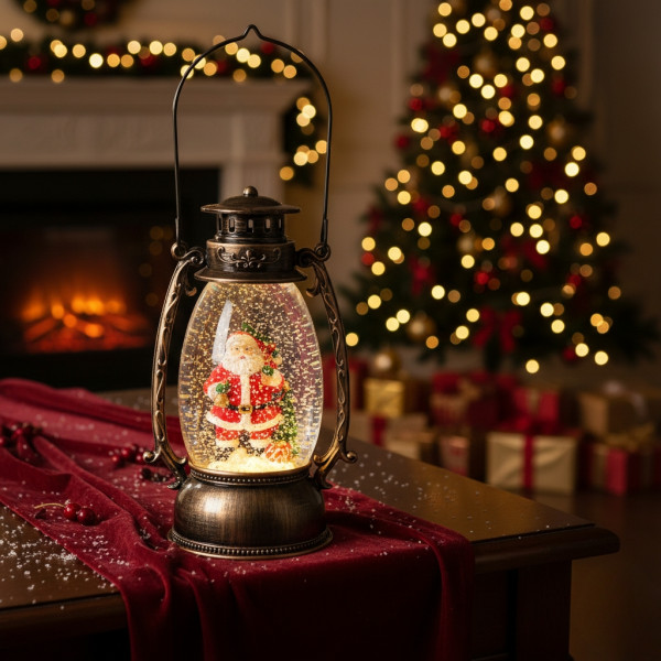 Коледен декоративен фенер – LED светлина, въртяща се фигурка на Дядо Коледа, снеговалеж и музика