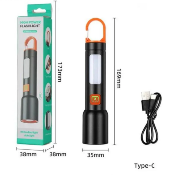 Презареждащ се LED фенер с висока яркост – USB Type-C, мащабируем лъч, компактен дизайн с карабинер 6