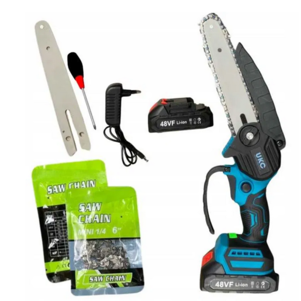 Акумулаторен трион за дърво и клони UKC 48V – 6″ верижна резачка с 2 батерии и 2 вериги