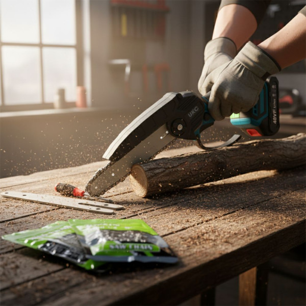 Акумулаторен трион за дърво и клони UKC 48V – 6″ верижна резачка с 2 батерии и 2 вериги 1