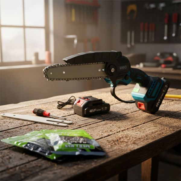 Акумулаторен трион за дърво и клони UKC 48V – 6″ верижна резачка с 2 батерии и 2 вериги