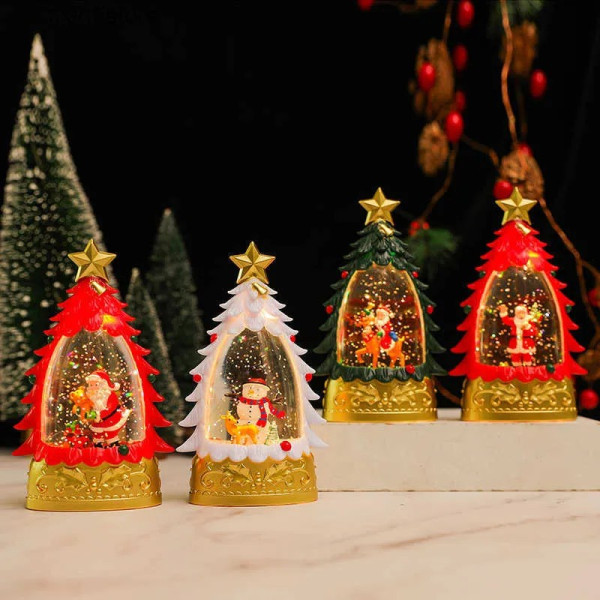 Коледна LED декоративна лампа с вода и брокат – празнична светлина и магия в елховиден дизайн