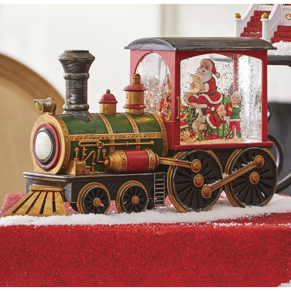 Коледна декоративна композиция „Влакът на Дядо Коледа“ с LED светлина, вода и брокат