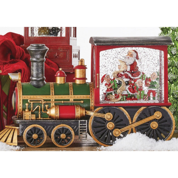 Коледна декоративна композиция „Влакът на Дядо Коледа“ с LED светлина, вода и брокат
