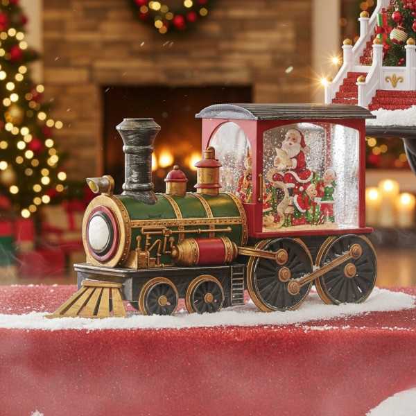 Коледна декоративна композиция „Влакът на Дядо Коледа“ с LED светлина, вода и брокат 1