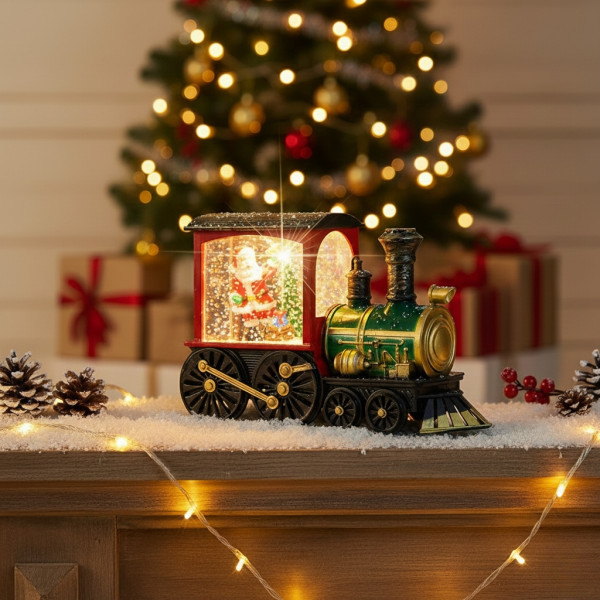 Коледна декоративна композиция „Влакът на Дядо Коледа“ с LED светлина, вода и брокат 4