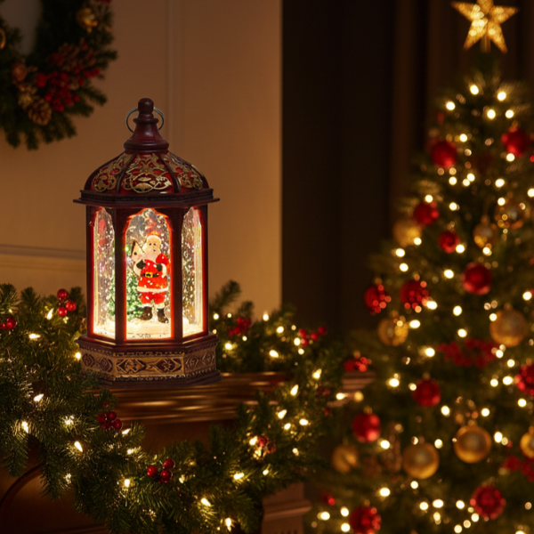 Коледен светещ фенер с въртящ се снежен ефект – уют и коледна магия 1