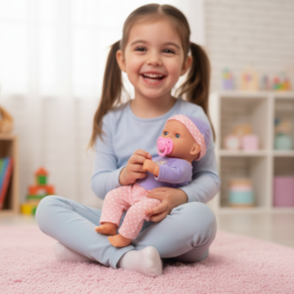 Легнало бебе с биберон и 10 звука – нежна коледна играчка за грижа и обич Babylove Playset 1