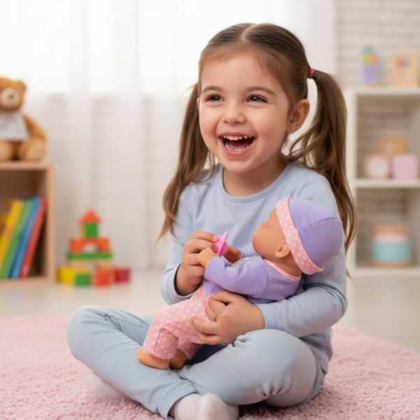 Легнало бебе с биберон и 10 звука – нежна коледна играчка за грижа и обич Babylove Playset