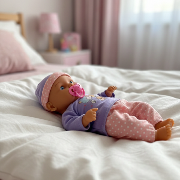 Легнало бебе с биберон и 10 звука – нежна коледна играчка за грижа и обич Babylove Playset 3