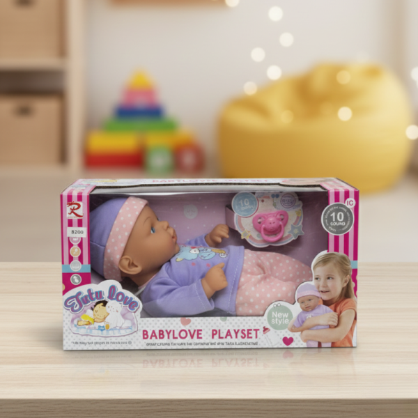 Легнало бебе с биберон и 10 звука – нежна коледна играчка за грижа и обич Babylove Playset 4