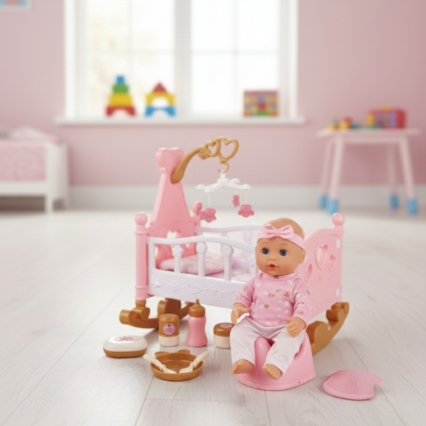 Комплект с бебе и легълце – Идеален подарък с 13 аксесоара за малки принцеси