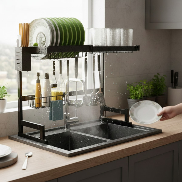 Двуетажен сушилник за съдове с поставка за дъска за рязане 1