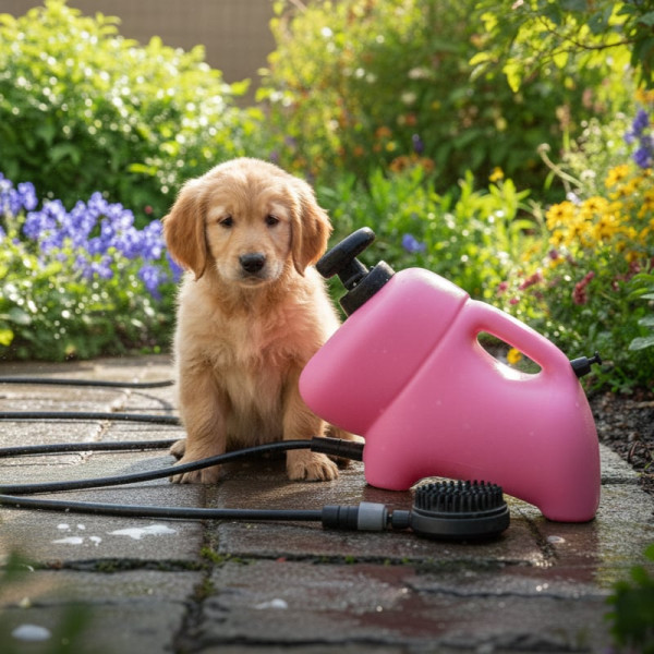 Преносим душ 8L за кучета, велосипеди и спортни принадлежности – без електрическо захранване, с ръчна помпа и 2в1 четка