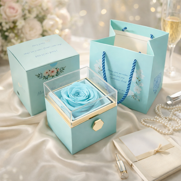 Луксозна подаръчна кутия с консервирана синя роза и въртящо се чекмедже 2